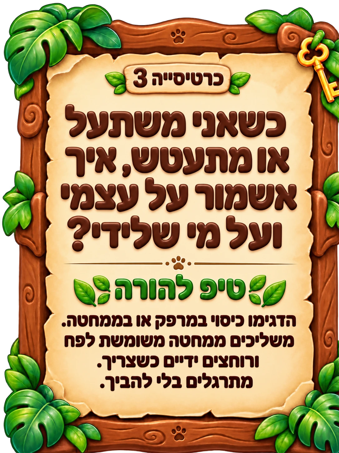 כרטיסייה 3: כשאני משתעל או מתעטש, איך אשמור על עצמי ועל מי שלידי? טיפ להורה: הדגימו כיסוי במרפק או בממחטה. משליכים ממחטה משומשת לפח ורוחצים ידיים כשצריך. מתרגלים בלי להביך.