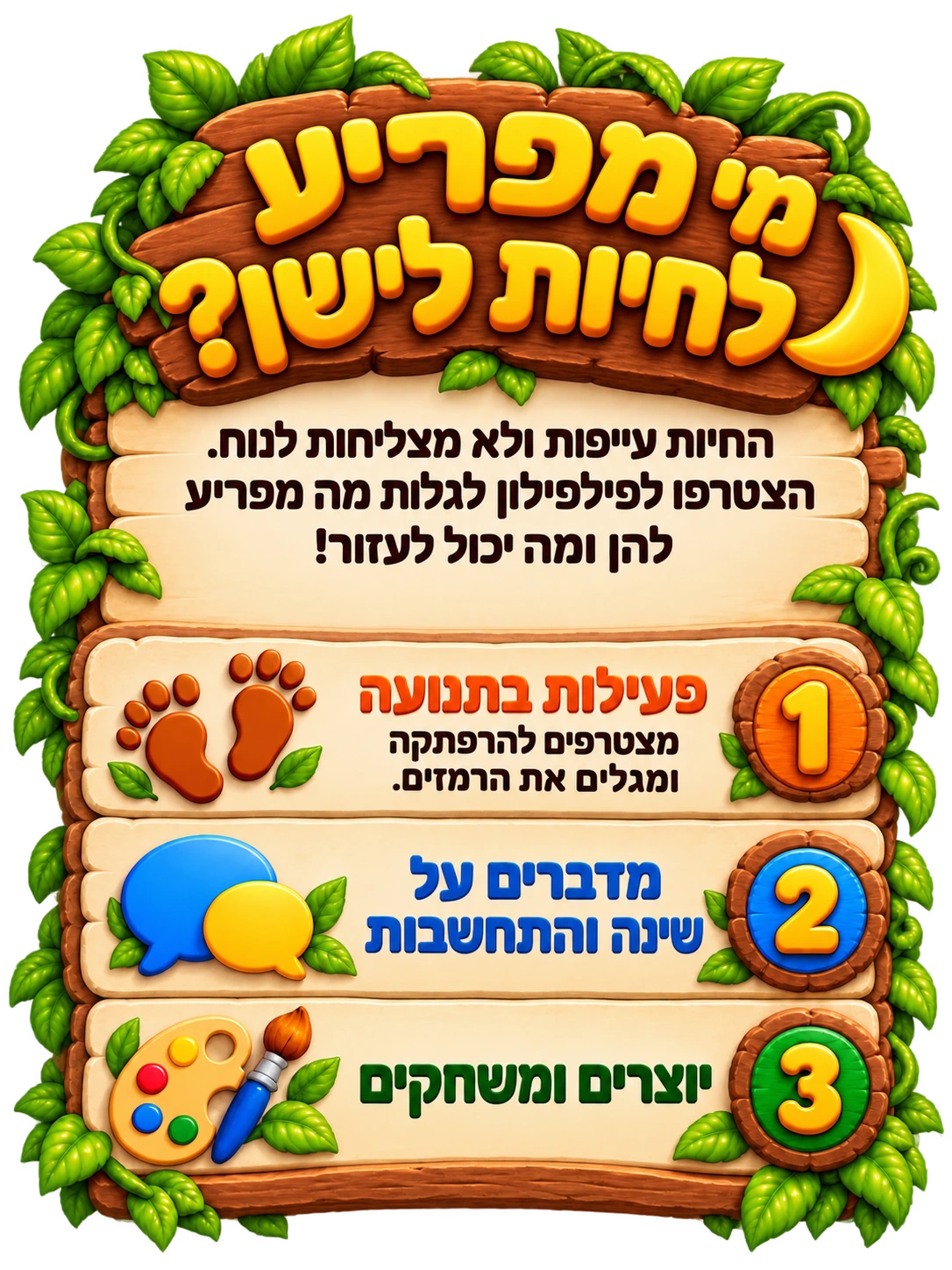 מי מפריע לחיות לישון? החיות עייפות ולא מצליחות לנוח. הצטרפו לפילפילון לגלות מה מפריע להן ומה יכול לעזור! 1. פעילות בתנועה — מצטרפים להרפתקה ומגלים את הרמזים. 2. מדברים על שינה והתחשבות. 3. יוצרים ומשחקים.